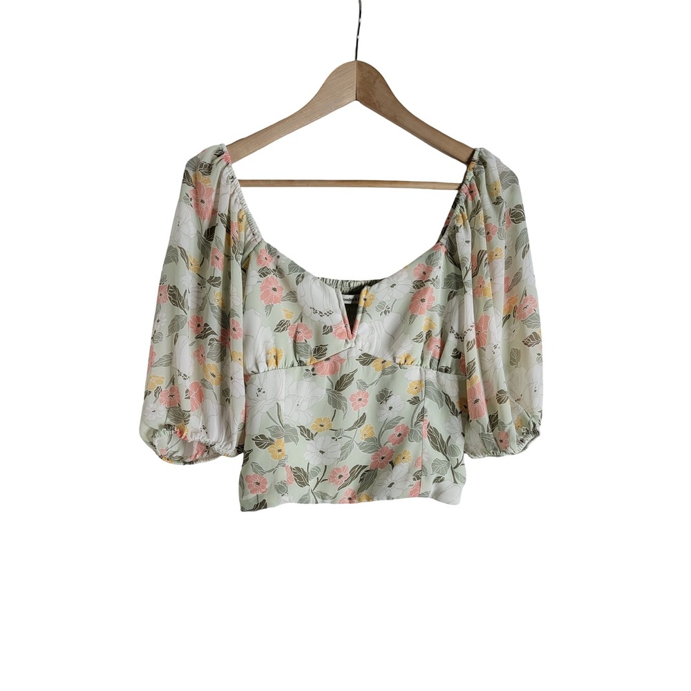 Abercrombie & Fitch Floral Puff Sleeve Smocked Back Top Sage Green S Feminine
